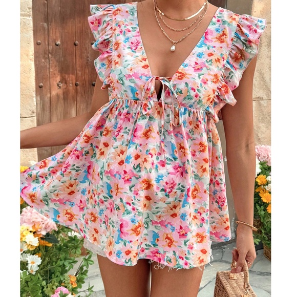 Tops - Maternity Floral Print Ruffle Cap Sleeve Babydoll Blouse